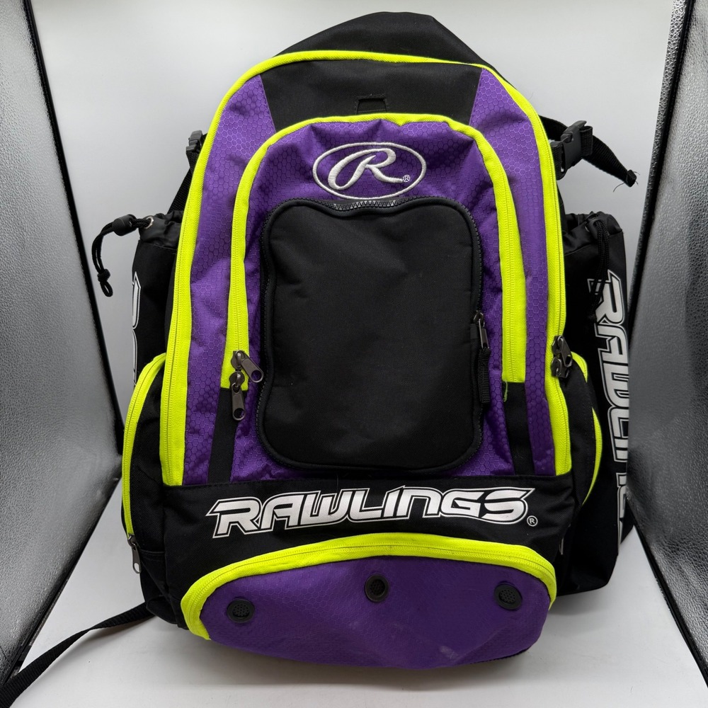 Rawlings Baseball Softball Equipment Backpack Purple Black Neon Yellow Bat Bag